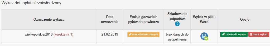 W przeciwnym wypadku w kolumnie Składowanie odpadów widnieje informacja Brak danych do uzupełnienia.