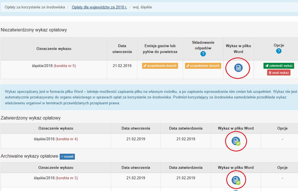 zakładce Opłaty tj. dla wykazu niezatwierdzonego, wykazu zatwierdzonego oraz wykazów archiwalnych.