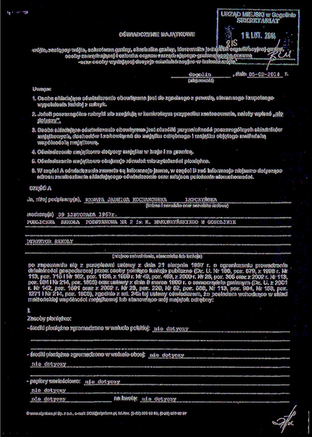 URZĄD MIEJSKI w Gogolinie SEKRETARIAT OŚWIADCZENIE MAJĄTKOWE 10. LUT. 2014 rójtey zastępcy wójta, sekretarza gminy, skarbnika gminy, kierownika jedn relk osoby-zarea.