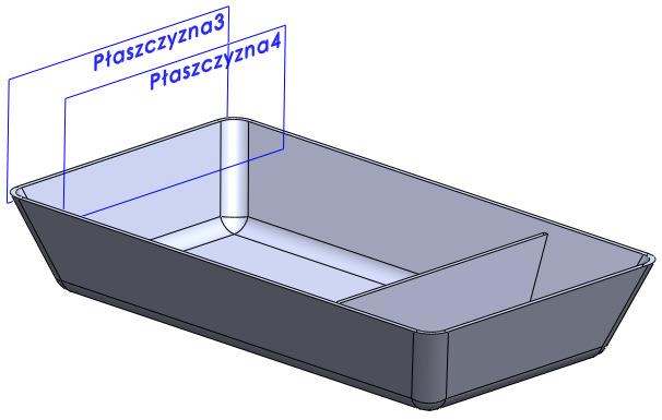 Płaszczyzna3 i Płaszczyzna4 Przez drugą krótszą krawędź pudełka poprowadźmy Płaszczyznę3 prostopadłą do Płaszczyzny górnej (lub płaszczyzny dna pudełka), rys. 10. Rysunek 10.