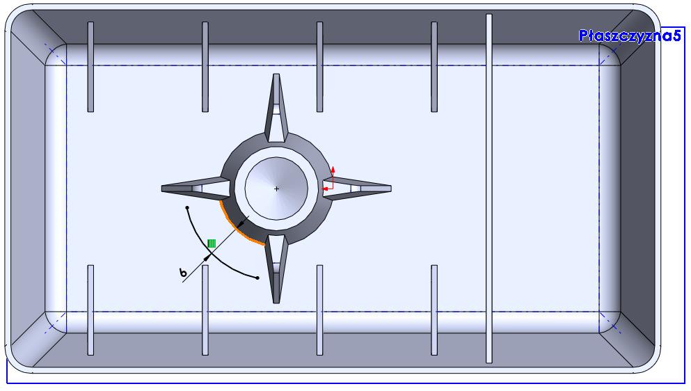 Szkic Na Płaszczyźnie5 wykonajmy Szkic, jak na rys. 25. Aby zminimalizować wymiarowanie łuku wykonajmy go narzędziem Odsuń elementy o Odległości odsunięcia 6 mm.