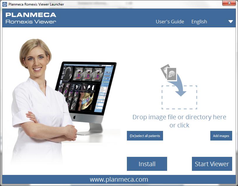 Planmeca Romexis viewer spustíme aplikaci vybereme jazyk přidáme snímky (pouze snímky pořízené zařízením
