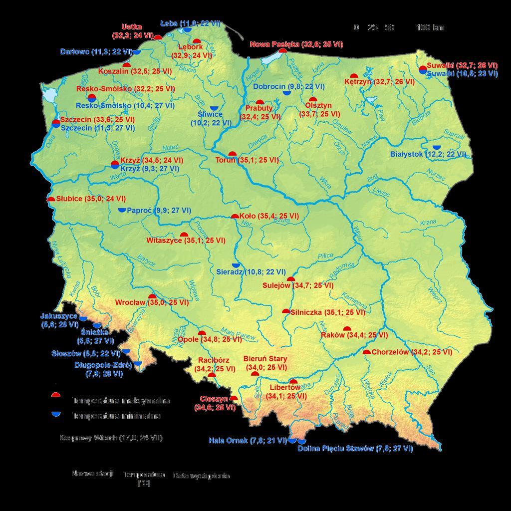 2. Temperatury ekstremalne w regionach Polski