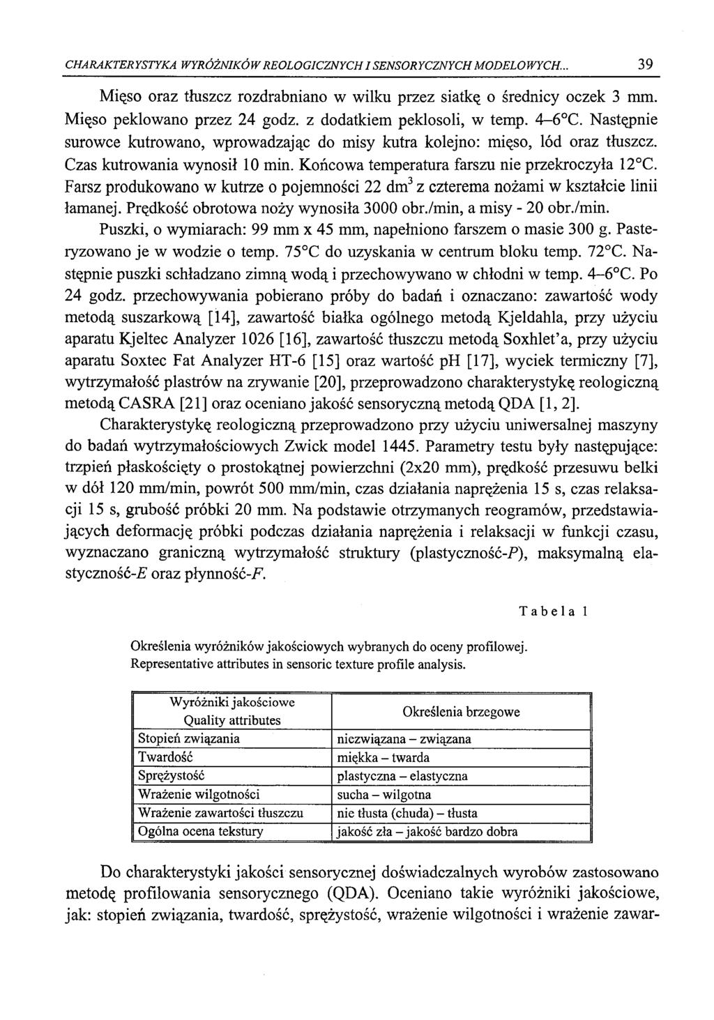 CHARAKTERYSTYKA WYRÓŻNIKÓWREOLOGICZNYCHI SENSORYCZNYCH MODELOWYCH... 39 Mięso oraz tłuszcz rozdrabniano w wilku przez siatkę o średnicy oczek 3 mm. Mięso peklowano przez 24 godz.