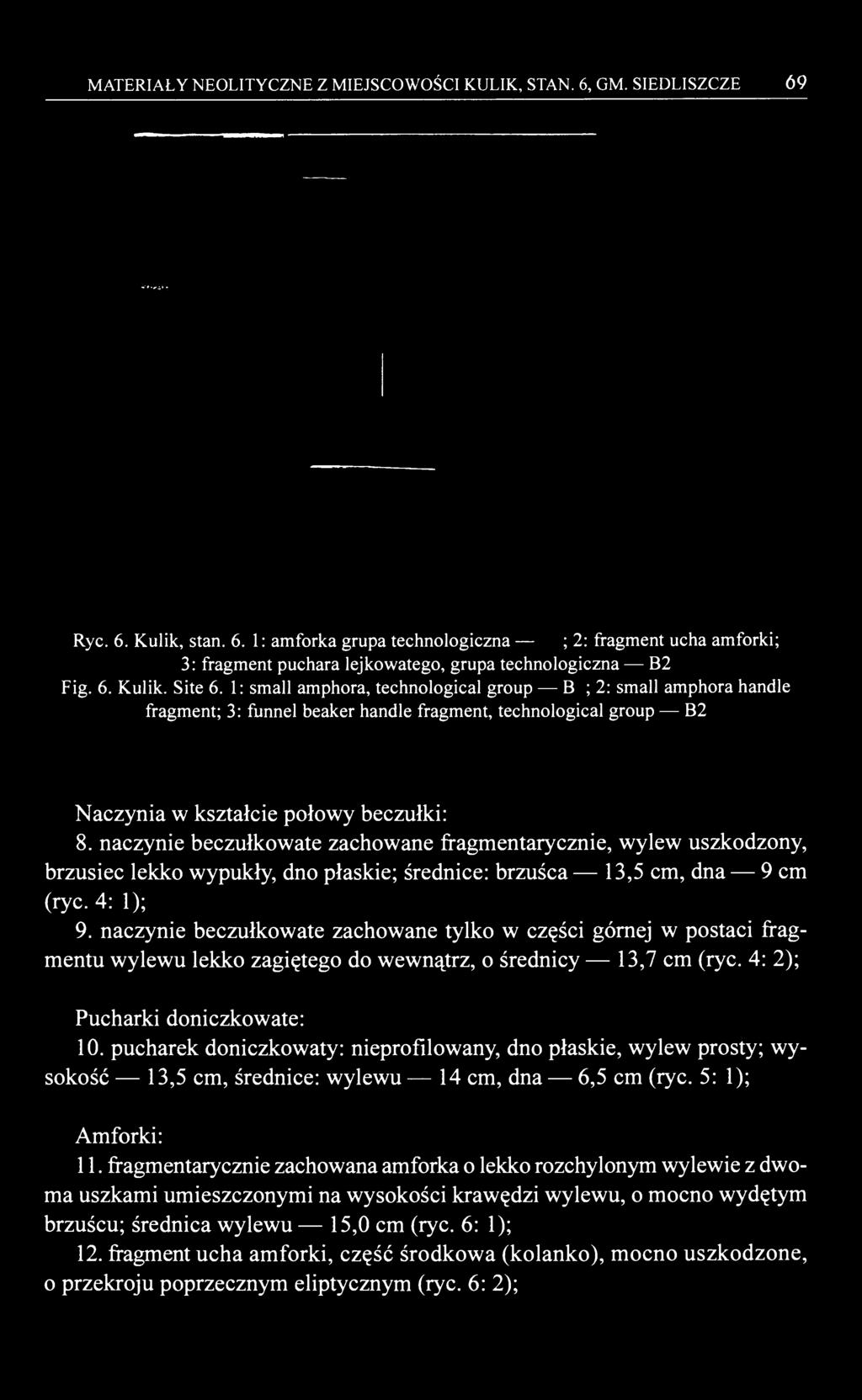 MATERIAŁY NEOLITYCZNE Z MIEJSCOWOŚCI KULIK, STAN. 6, GM. SIEDLISZCZE 69 Ryc. 6. Kulik, stan. 6. 1 : amforka grupa technologiczna B1; 2: fragment ucha amforki; 3: fragment puchara lejkowatego, grupa technologiczna B2 Fig.
