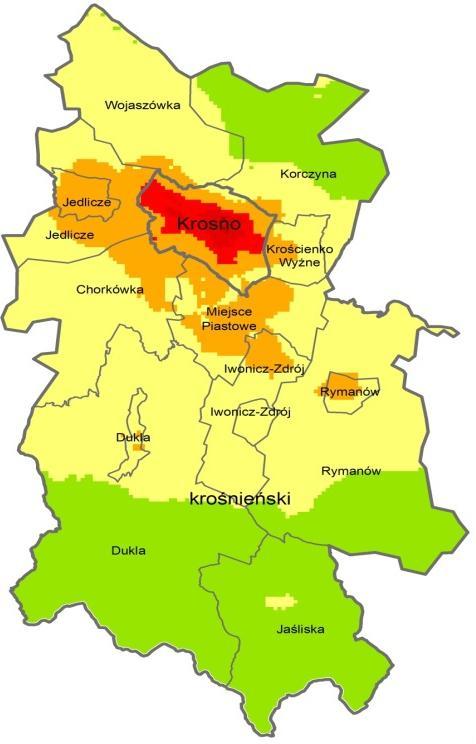 Stężenia dobowe pyłu PM10 w powietrzu powiat krośnieński Obszary przekroczeń w województwie w zakresie dopuszczalnego stężenia dobowego pyłu PM10 (50 mg/m 3 ) objęły swoim zasięgiem