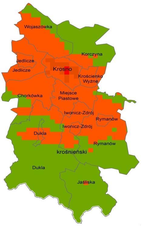 Stężenia średnioroczne benzo(a)pirenu w pyle PM10 powiat krośnieński Obszary przekroczeń w województwie w zakresie docelowego stężenia średniorocznego benzo(a)pirenu w pyle PM10 (1 ng/m 3 ) objęły