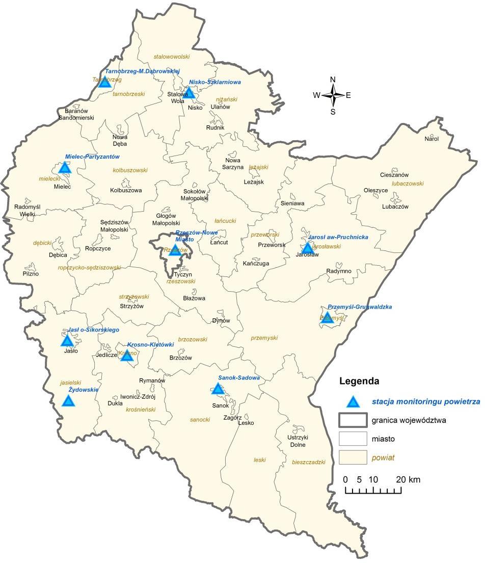 Lokalizacja stacji monitoringu powietrza atmosferycznego w województwie podkarpackim Na terenie województwa podkarpackiego funkcjonowało 10 stacji monitoringu