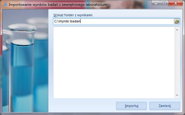 W Klinice XP klikamy w nawigatorze na przycisk Import z laboratorium: W oknie importu wskazujemy folder z wynikami: Po kliknięciu przycisku Importuj wyniki