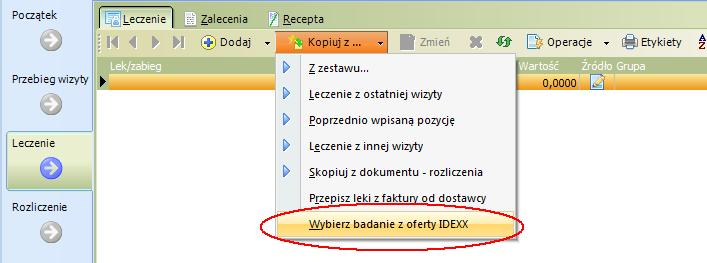Korzystanie z cennika badań Idexx Konkretną usługę z cennika możemy wskazać po imporcie wyników do wizyty. Możemy również wskazać wyniki ręcznie lub po prostu przeglądać je podczas rejestracji wizyty.