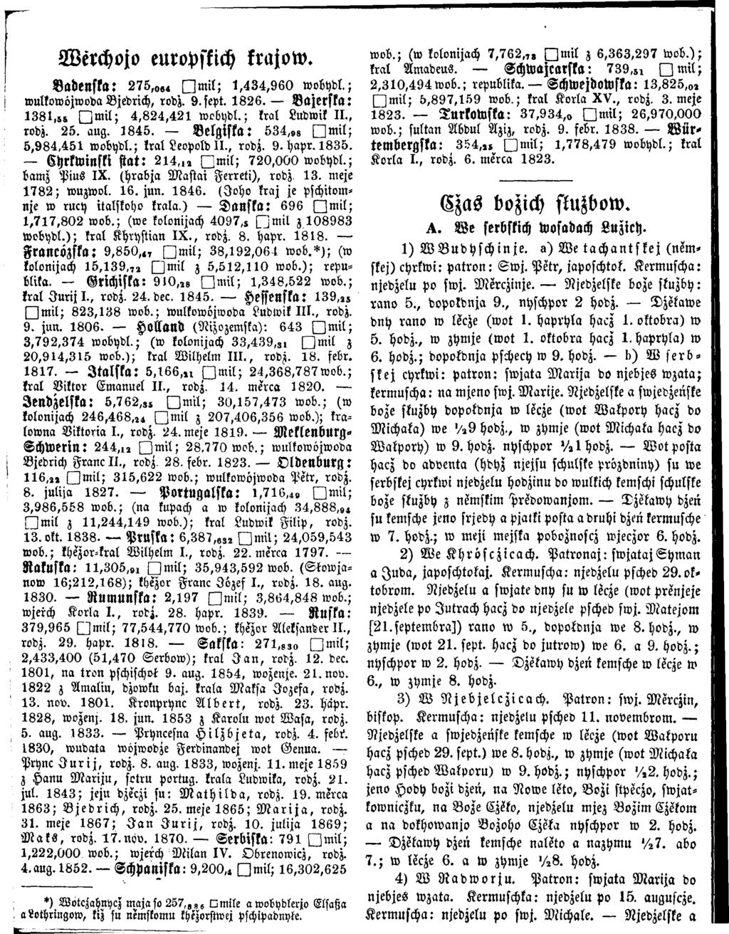 Werchojo europskich krajow. Badenska: 2 7 5,oe«D m i t ; 1,4 3 4,9 6 0 w o b y d l.; wulkowöjwoda Bjedrich, rodz. 9.sept. 1 8 2 6. Bajerska: 1 3 8 1,ss Q m t l ; 4,8 2 4,4 2 1 w o b y d l.