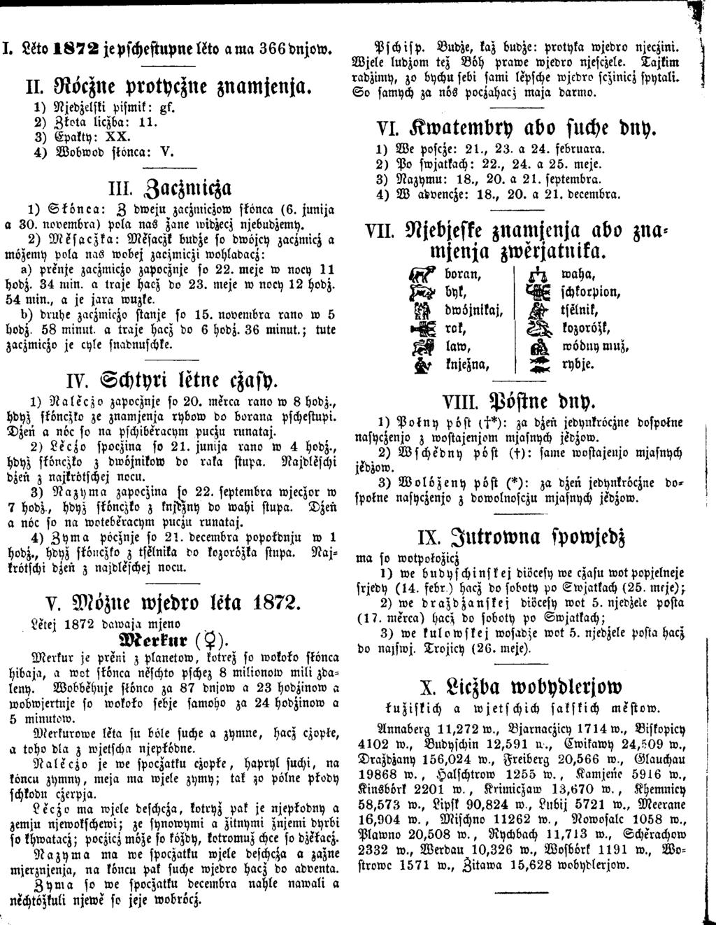 I. M o 1872 jepschestupnelkto am a 366dnjow. II. Röczne protyczne znamjenja. 1 ) Njedzelski pism ik: gf. 2 ) Z to ta liczba: 1 1. 3 ) Epakty: X X. 4 ) W obw od stönca: V. III.
