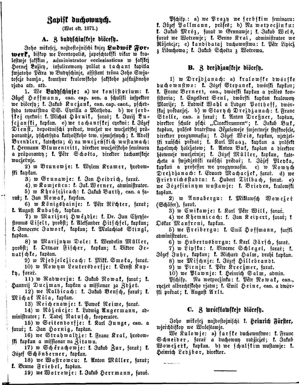 Zapisk duchowuych. (W ot oft. 1871.) A. 3 budhschinskrje diöcesh.