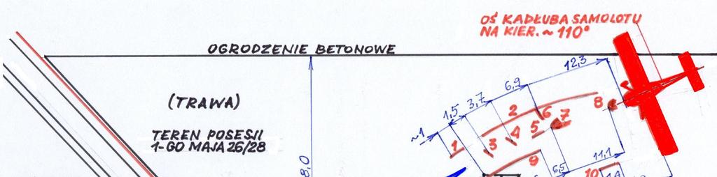 OBJAŚNIENIA: 1 ślad przyziemienia lewego koła, 2 ślad lewego