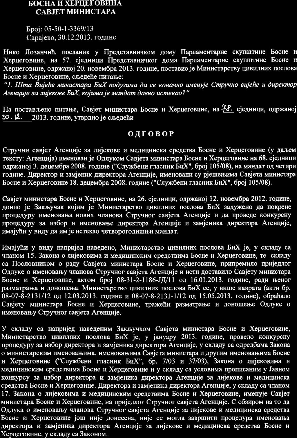 BOCHA I4 XBPIIEIOBIIHA CABJET MI{HIICTAPA Bpoj: 05-50-l-3369113 Capaj eno, 30.12.2013. foai'ihe Hr.