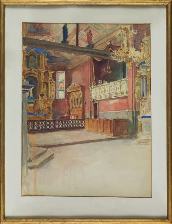 600,- Akwarela oddaje wnętrze kościoła Wszystkich Świętych w iwoniczu po przeprowadzonej w latach 1884-95 rozbudowie podjętej z inicjatywy rodziny Załuskich.