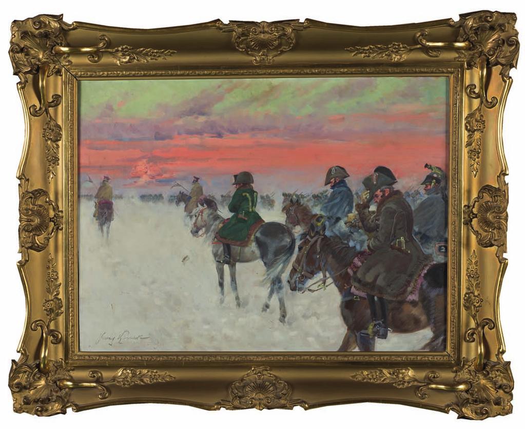 28. jerzy KOSSAK (1886-1955) WiZJA NAPOLeONA W trakcie OdWrOtU SPOd MOSKWy Olej, tektura, 52 x 70 cm, sygn. l.d. Jerzy Kossak. 32.000,- Pochodził z krakowskiej artystycznej rodziny.