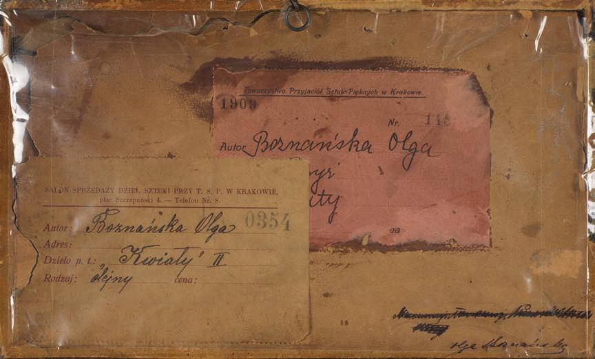 36. Olga boznańska (1865-1940) KWiAty Olej, tektura, 13,2 x 23,4 cm, sygn. p.d.: Boznańska 1909. 48.000,- Na odwrocie naklejki: 1.
