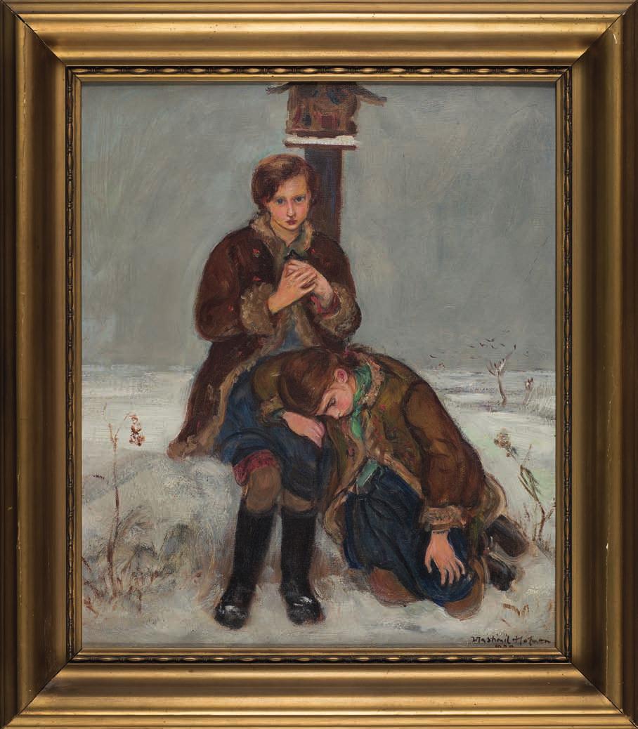 42. Wlastimil hofman (1881-1970) dwie dziewczynki PrZy KAPLiCZCe Olej, sklejka, 44 x 37,5 cm, sygn. p.d.: Wlastimil Hofman 19 22.000,- Studiował w SSP w Krakowie w pracowni F. Cynka, J.