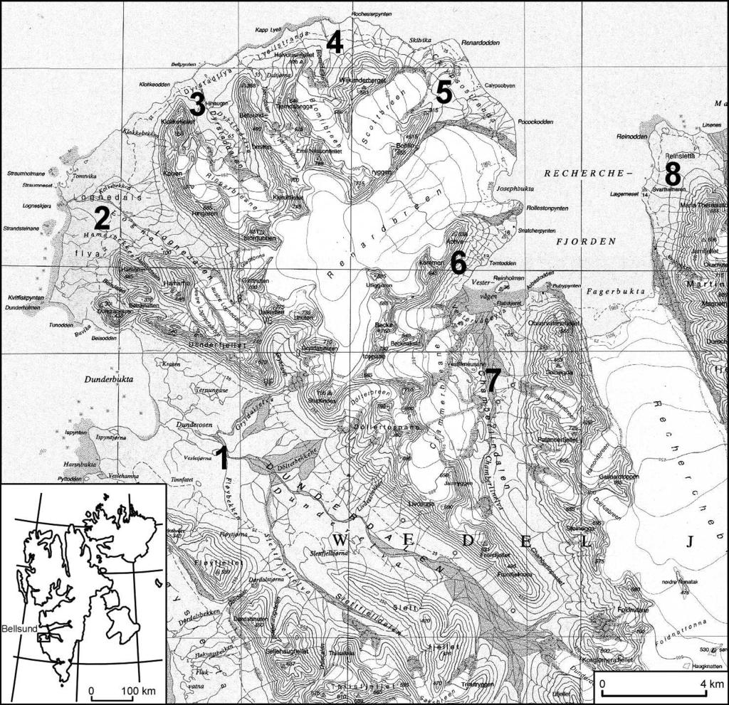Dyrstad - 61, Lyellstranda - 100, Calypsostranda - 124, Activekamen - 32, Chamberlin - 14, w Reinodden - 67. Ryc. 1. Mapa sytuacyjna prowadzonych badań geobotanicznych.