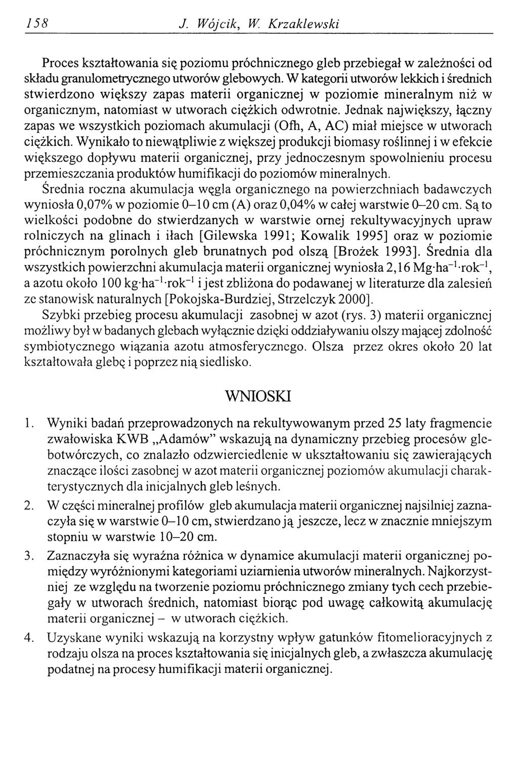 158 J. W ójcik, W. Krzaklewski Proces kształtowania się poziomu próchnicznego gleb przebiegał w zależności od składu granulometrycznego utworów glebowych.