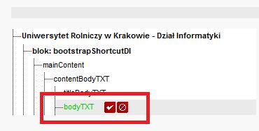 2.13. Po zmianie formularza w drzewku po lewej stronie przy edytowanym elemencie, jego nazwa będzie podświetlona na zielono oraz pojawią się dodatkowe ikonki oznaczające, że formularz wymaga