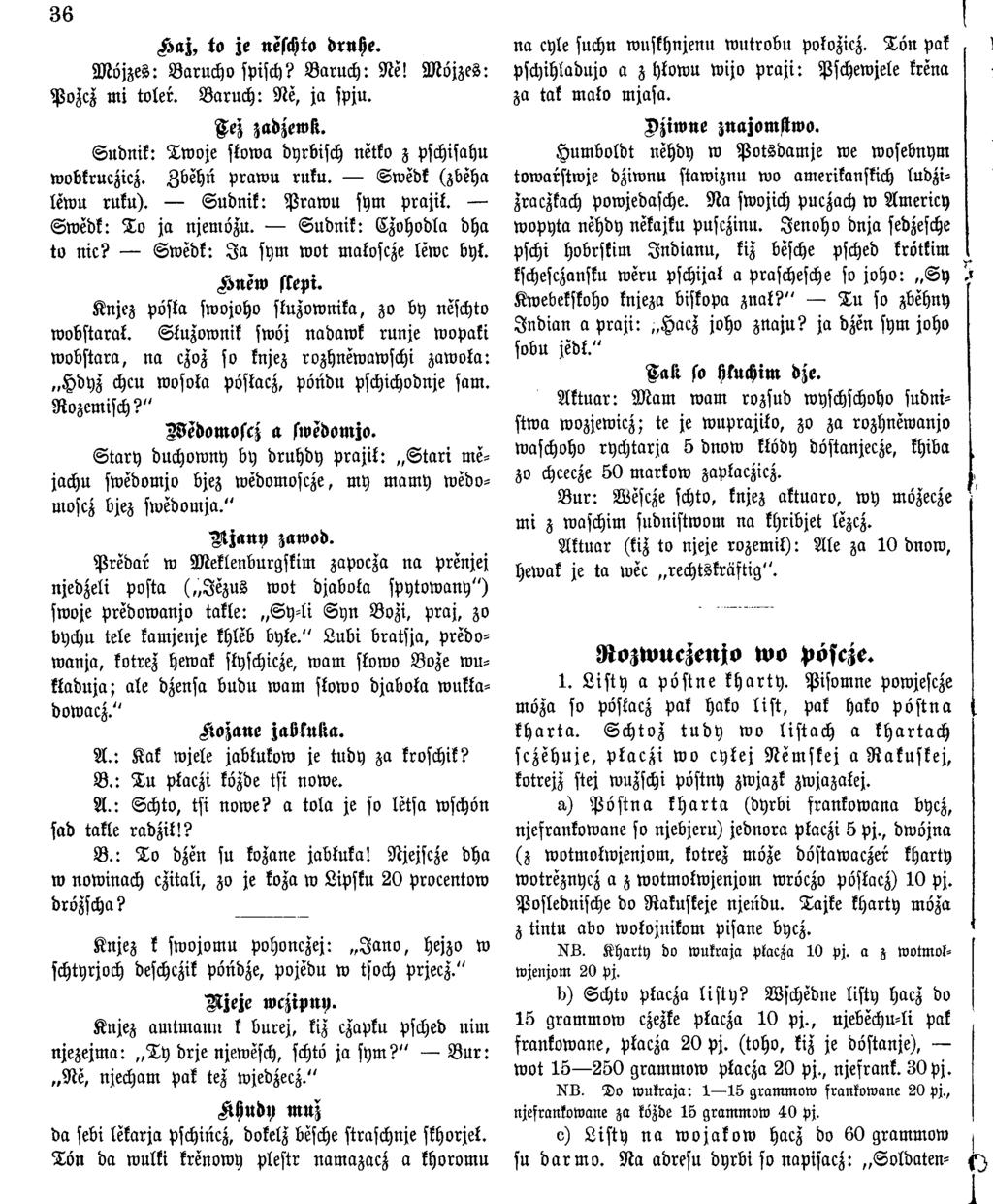 36 K aj, to je neschto drohe. n a eyle suchn wuskhnjenu w u tro bu pokoziez. T ö n Pak M ö jzes: B arucho spisch? B aru ch: Ne!