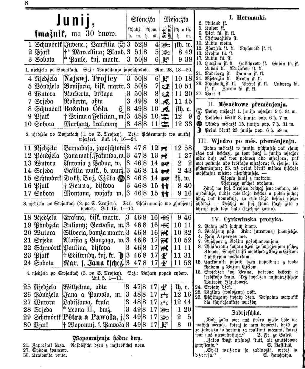 Junij, fnraznik, ma 30 dnow. Skönczka skhadz. khow. h. Ist. M.ffaczka skh. a kh. 1 Schtwörtk Juvenc.; Pamfilia <A 3 52 8 4 Mo skh. W. 2 Pjatk t* Marcellina; Bland.