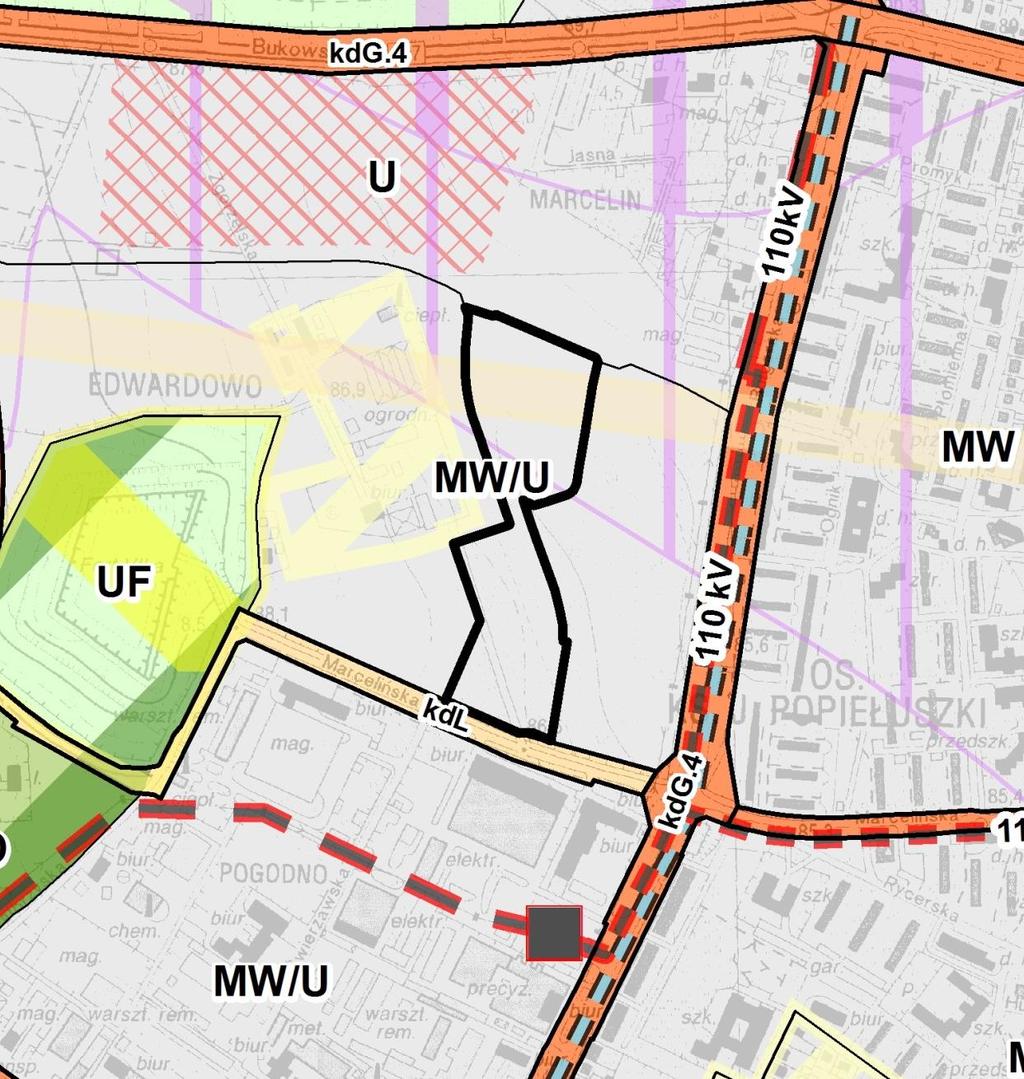 Studium uwarunkowań i kierunków zagospodarowania przestrzennego Miasta Poznania Tereny przeznaczone pod zabudowę MW/U teren zabudowy mieszkaniowej wielorodzinnej lub zabudowy usługowej. Dla ww.
