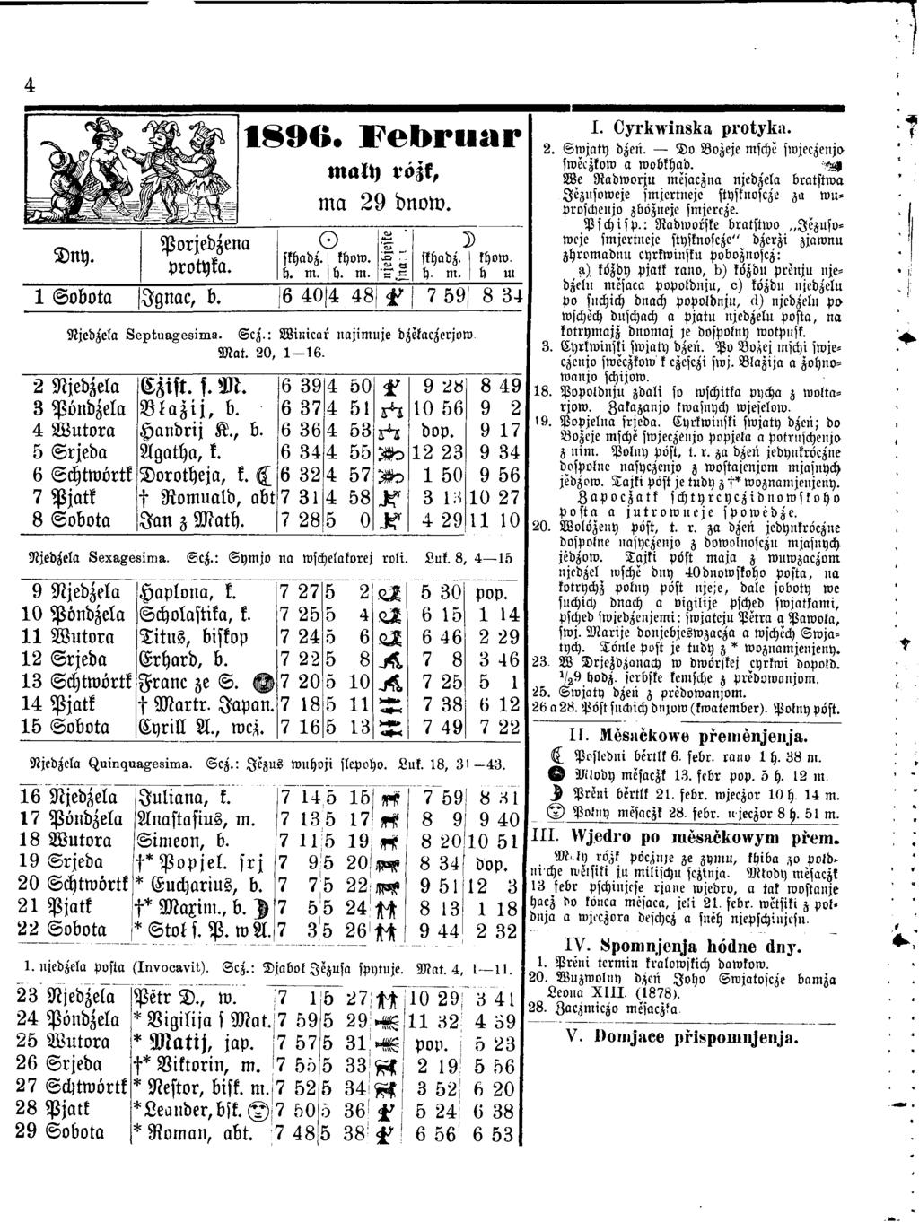 4 Dny. Porjedzena protyka. 1890. Februar Mary rözk, ma 29 dnow. O skhadz. I khow. 6. m. 16. m. ~ D skhadz. I khow. h. m. 1tl UI 1 Sobota Jgnac, b.