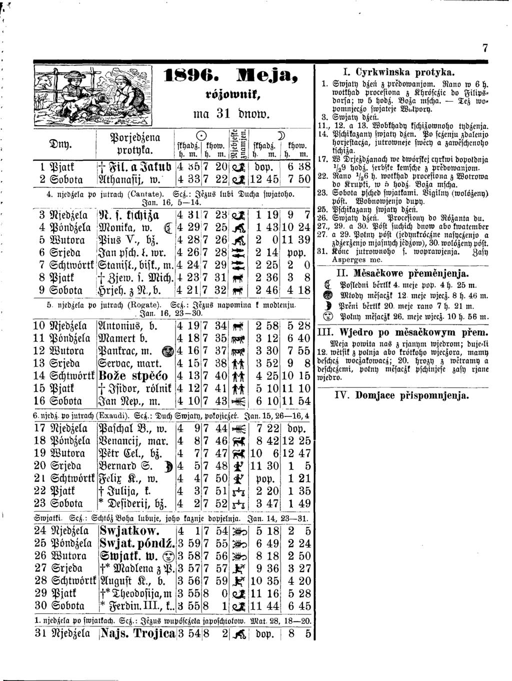 r Dny. L Pjatk 2 Sobota Porjedzena protyka. t Fil. a Jakub Athanasij, w. 1890. Ueja, rözownik, ma 31 dnow. O skhadz.! khow. h. m. I h. m. 4 85 4 33 7 20 7 22 -L r- i S? L skhadz. h. m. dop.