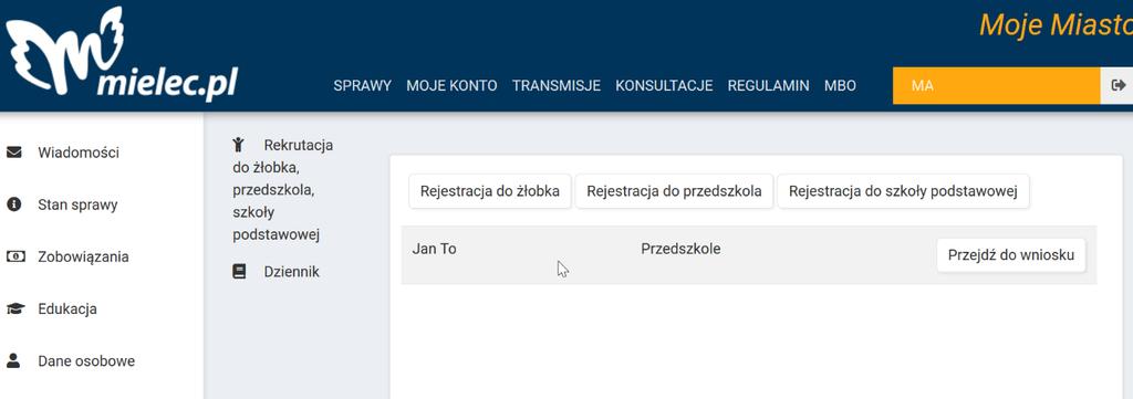 22 Status wniosku/zgłoszenia Status wniosku wyświetlany jest po zalogowaniu się na portal Moje miasto w zakładce Edukacja po kliknięciu przycisku Przejdź do wniosku przy imieniu i nazwisku dziecka.