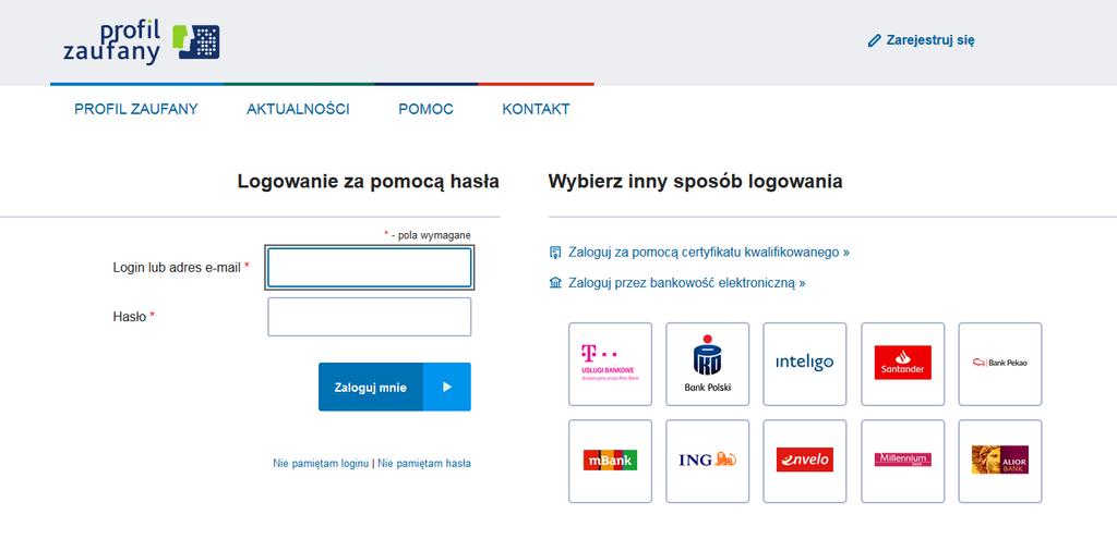 3 Logowanie za pomocą profilu zaufanego może odbywać się za pomocą: banku (jeśli wcześniej profil zaufany