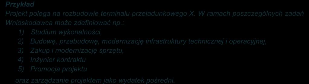 Jeżeli w projekcie przewidziane są wydatki pośrednie należy uzupełnić wszystkie niezbędne kolumny: nazwa zadania, opis działań planowanych do realizacji oraz określić sposób rozliczenia poprzez