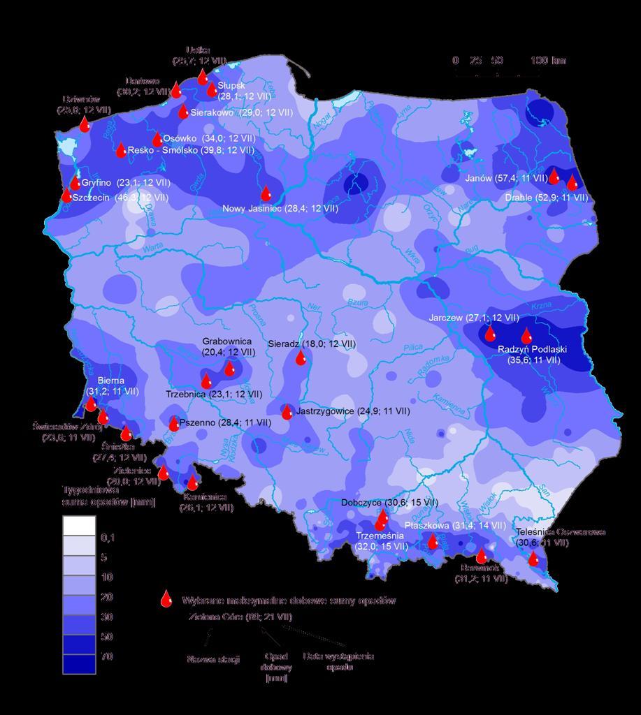 3. Rozkład tygodniowej sumy opadów oraz wybrane