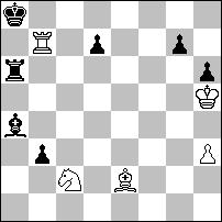2.W:b2+ Kh3! 3.Wb3+! 3.W:b7? S:b7 4.g6 Sd8 5.g7 Sf7 6.Kg6 Se5+ 7.Kh6 Sg4+ 8.Kg6 Se5+ - wieczny szach. 3...Kh2 4.W:b7! S:b7 5.g6 Sd8 6.g7 Sf7. 7.Kg6? Se5+ 8.Kh6 Sg4+ 9.Kh5 Kh3! 10.Kg6 Se5+ 11.