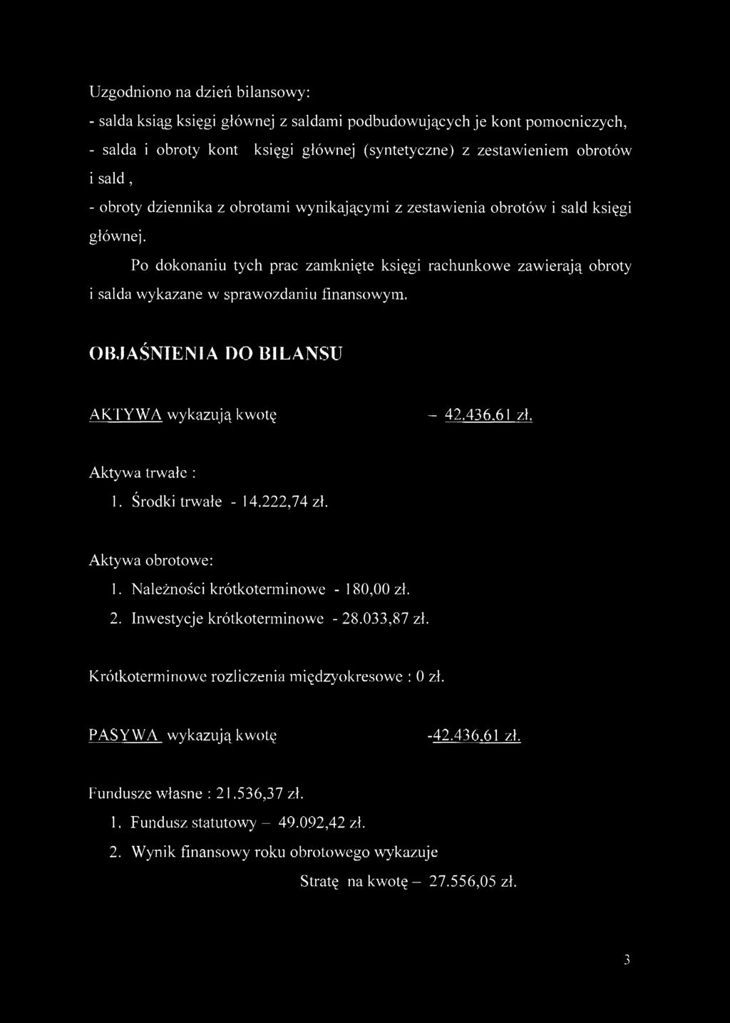 Uzgodniono na dzień bilansowy: - salda ksiąg księgi głównej z saldami podbudowujących je kont pomocniczych, - salda i obroty kont księgi głównej (syntetyczne) z zestawieniem obrotów i sald, - obroty