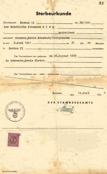 Świadectwo zgonu, Dachau Death certificate, Dachau parafia pw.