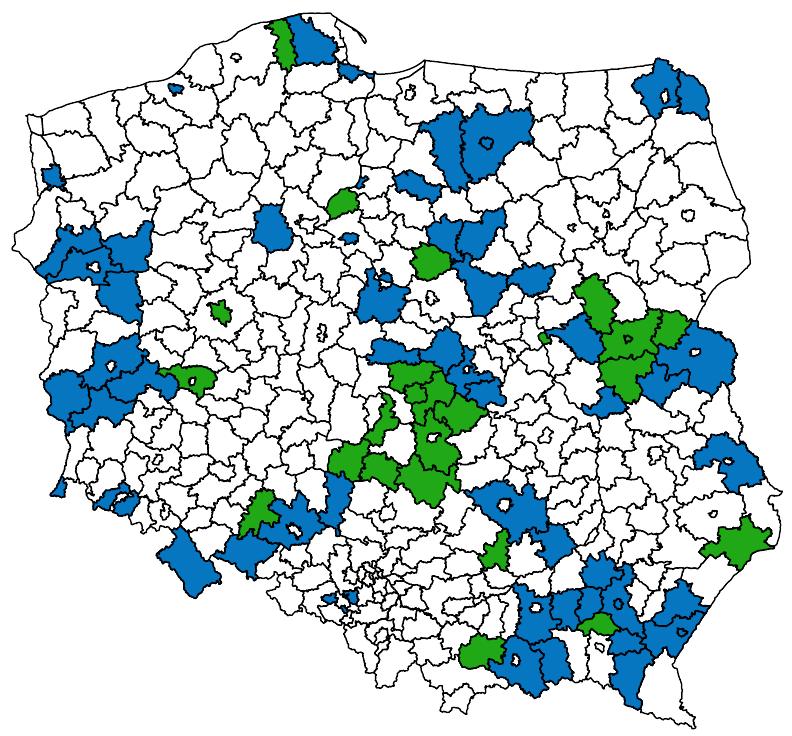 Sieci szczegółowe (powiatowe) wyrównywane w latach 2001-2015 jako sieci hybrydowe (oznaczone kolorem niebieskim) lub jako sieci