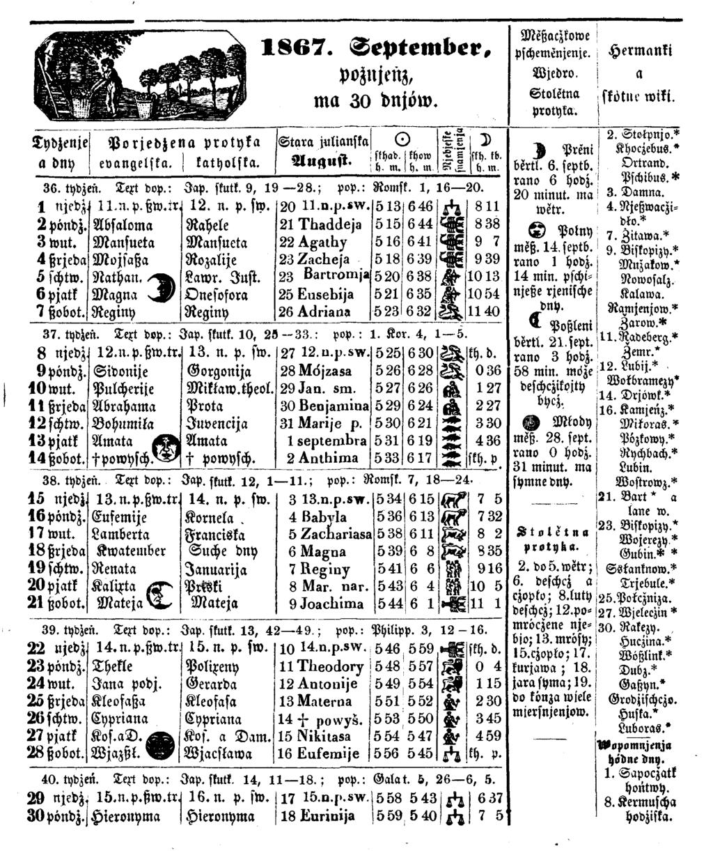 1 8 6 7. S ep tem b er, poznjm z, ttitt 3 0 dnjöw. Tydzenje P o r je d je n a protyka S t a r a jutianffa) O l ' l l D a dny e v a n g e lsk a. k a th o ls k a. A u a u s t * * *» *» ; h. tn. 1h.