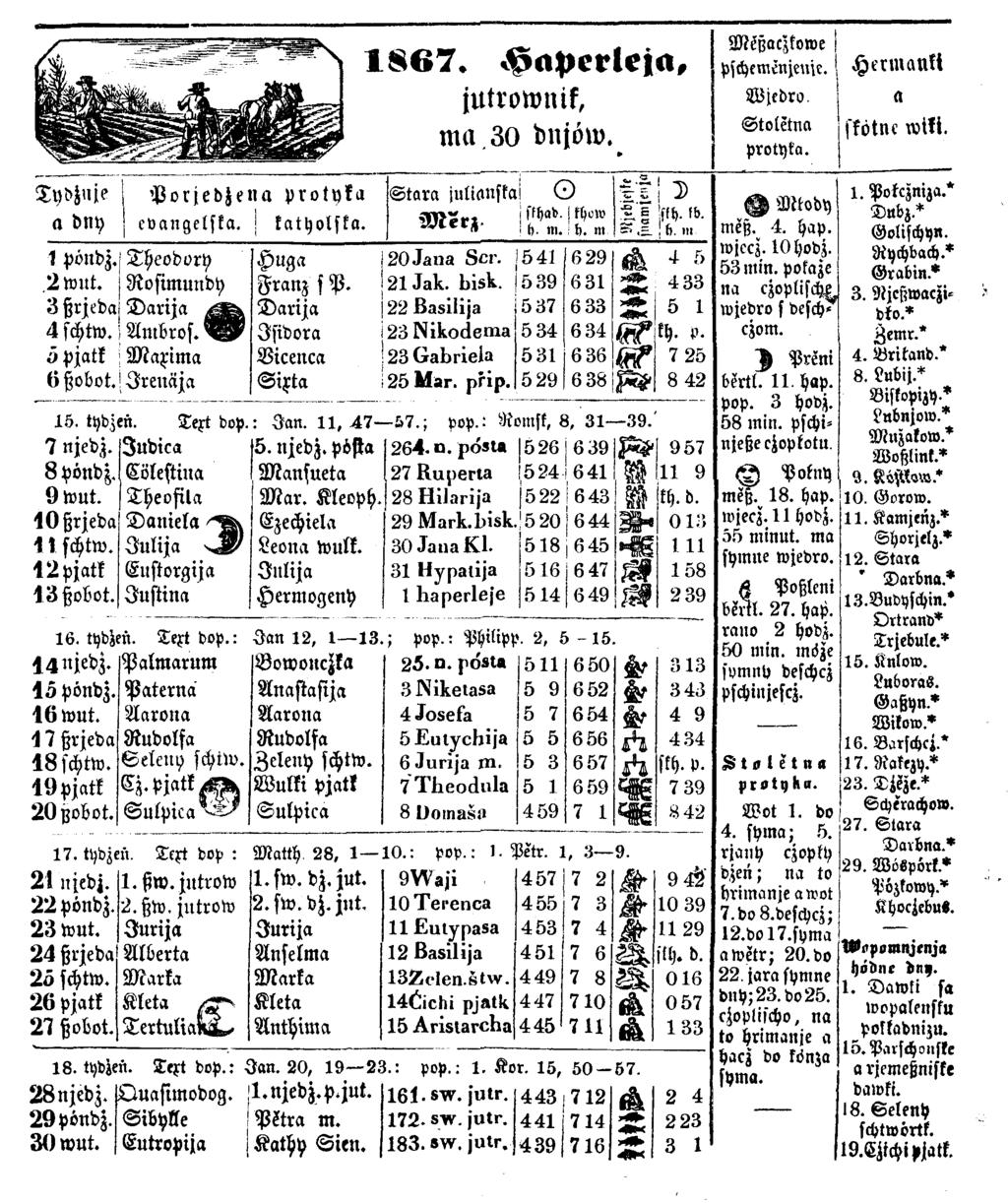 1 8 6 7. H a p e r le ja, jutrow nik, m a 3 0 dnjöw. dydznje I P o rjed Z en a protyka Stara julianska! o a dny j cvangelska.! katholska. M e r,!i chad. khow!f>. m. i 6. >» i- 2. :s.! 2 iflt). >d.