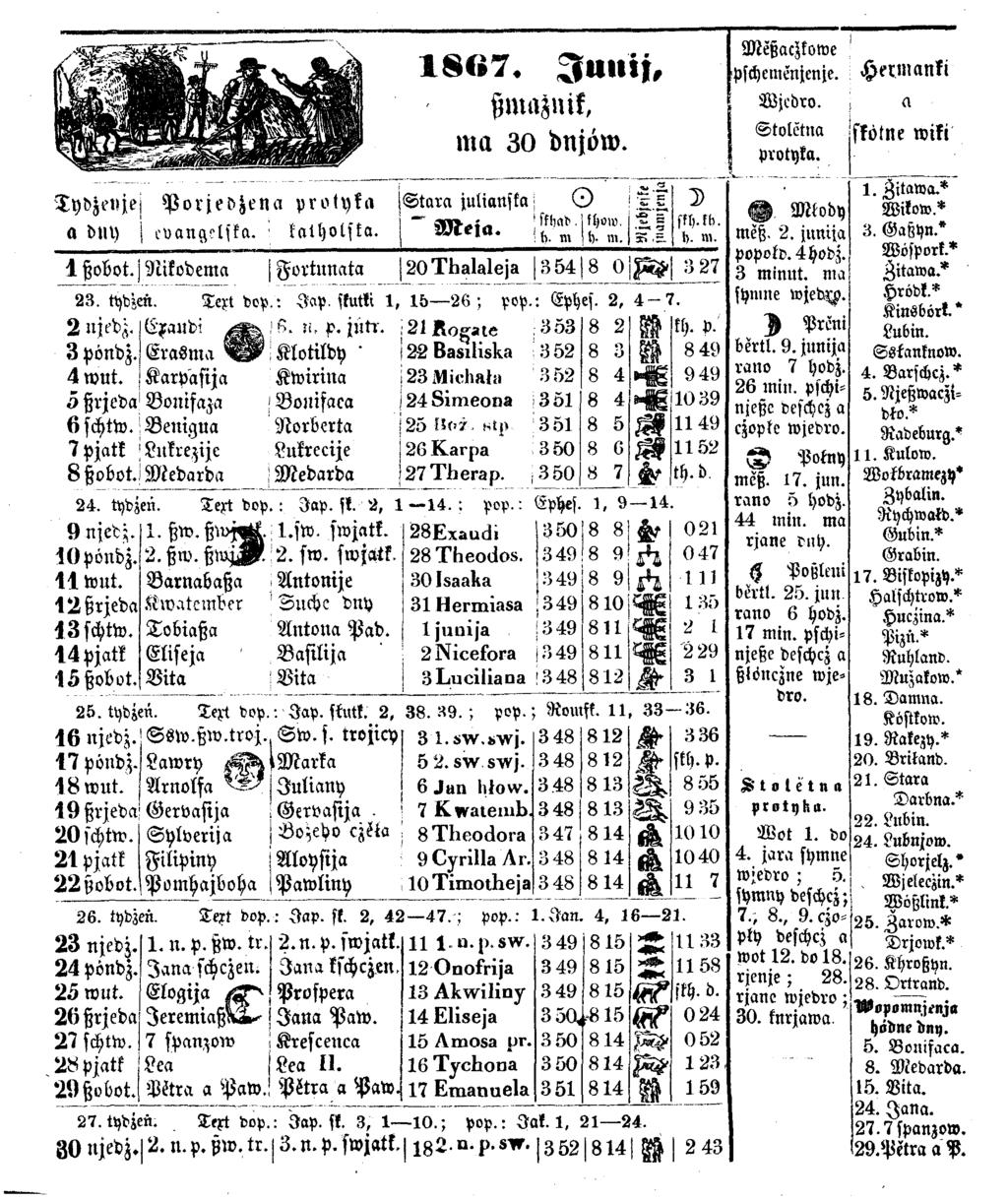 Tydzenjej P o rjedz ena protyka a dny! c v a n g e lsk a. ' k a th o ts k a. 1 8 6 7 «Jtttlij, ß m a z n i k, m a 3 0 dnjöw. S t a r a julianska O ' f t). m. 5,= fftj.fb. 1). m. 1 ß obot.
