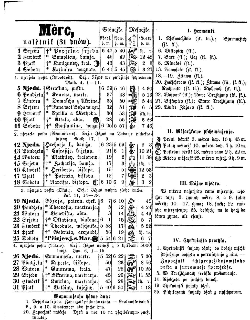 Mĕrc, naletnik (31 dnöw). Stöliczka skhadj. h. m. khow. h. m. Mes aczka. L skh.akh. h. m. 1 Srjedu t* P o p je ln a srjeda. 6 47 5 40 th. r. 2 Stwörtk * Symplicia, bamza.