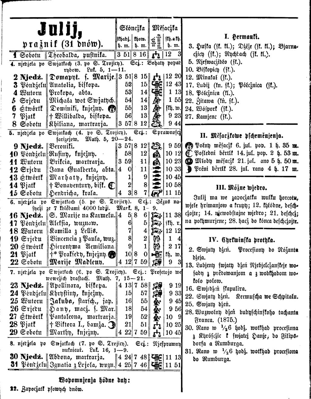SköiluHka M s aczka J u l i j, skhadj. khow...2c 'S E skh.akh. praznik (31 dnöw). h. m. h. m. "E-g h. m. 1 Sobotu ^Theobalda, pustnika. 3 51 8 16 12 3 4. njcdzela Po Swjatkach (3. po S. Trojicy).