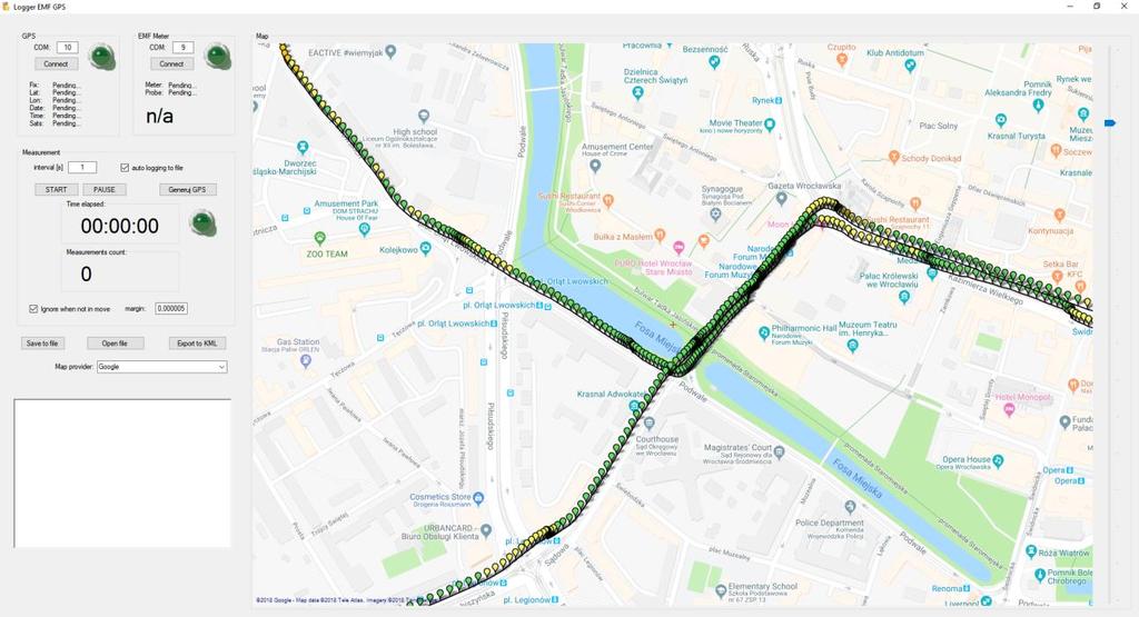 Własna aplikacja Aplikacja Logger EMF GPS - pozwala na rejestracje wyników pomiarów wraz ze