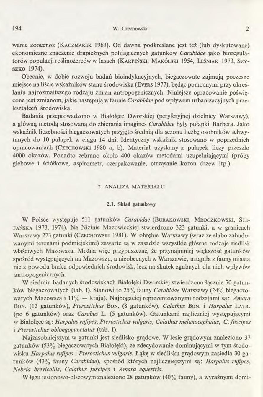 194 W. Czechowski 2 wanie zoocenoz ( K a c z m a r e k 1963).