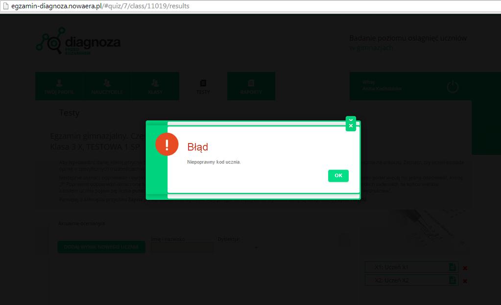 Jeśli wpiszemy zły kod (np.