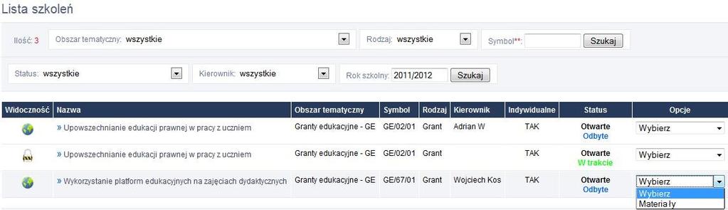 Aby przejść do modułu szkoleniowego należy kliknąć w ikonkę Szkolenia. Pełny opis funkcjonalności związanych z tym modułem znajduje się poniżej.