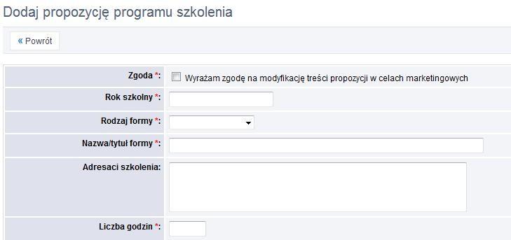 Przechodząc do zakładki Szkolenia, ma on do dyspozycji: Listę szkoleń, Listę propozycji szkoleń, Dodawanie Propozycji oraz Arkusz wykładowcy.