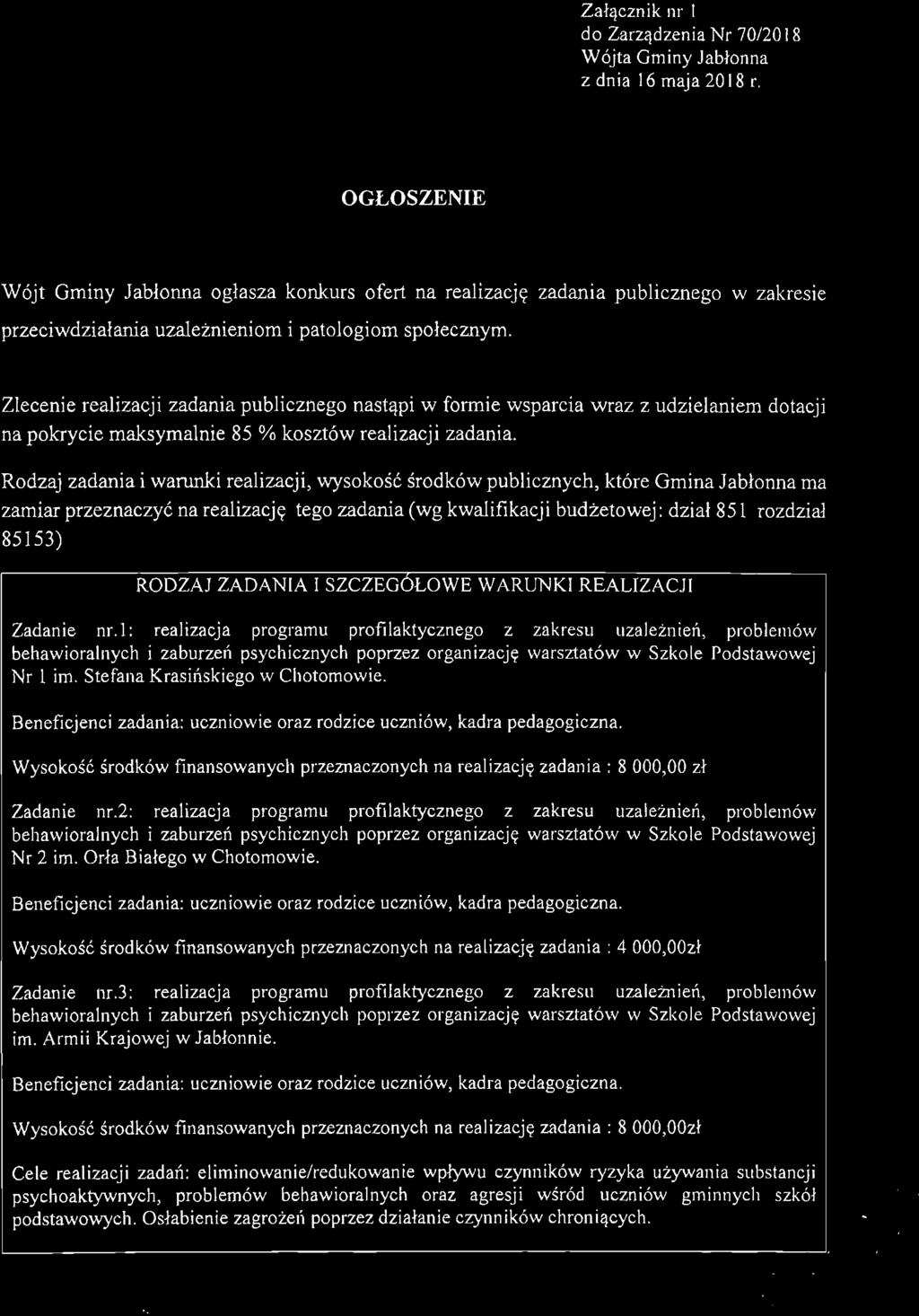 Załącznik nr I do Zarządzenia Nr 70/2018 Wójta Gminy Jabłonna z dnia 16 maja 2018 r.